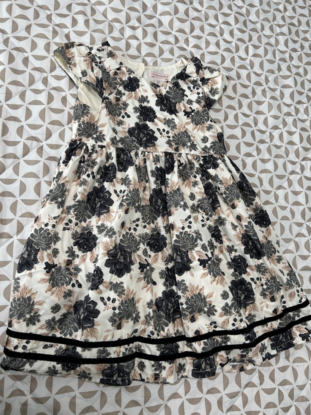 Catherine Malandrino Cream Floral Dress with Black and Taupe Accents